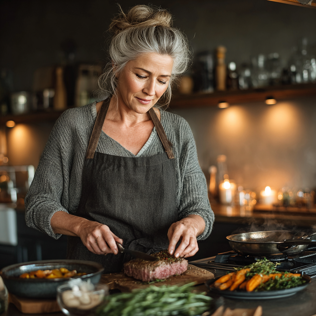 Літня пара готує здорову їжу разом